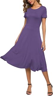 EXCHIC Women's Short Sleeve Solid Color Round Neck Elastic A-Line Dress Casual Elegant Round Neck Midi Dress