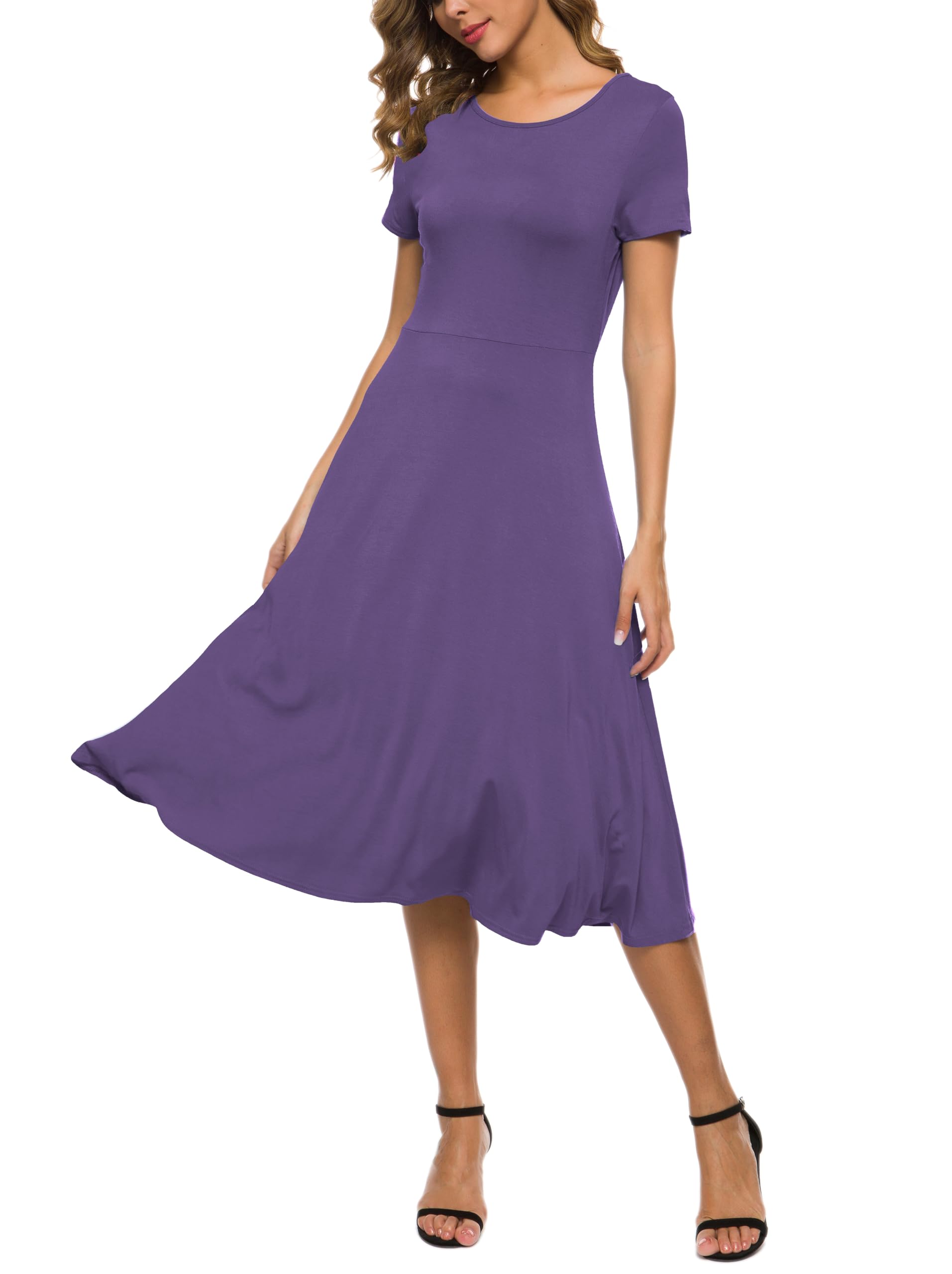EXCHIC Women's Short Sleeve Solid Color Round Neck Elastic A-Line Dress Casual E
