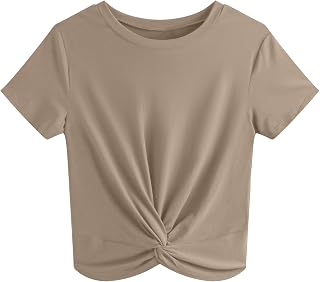 JINKESI Women's Casual Summer Short Sleeve Round Neck Twist Front Crop Top