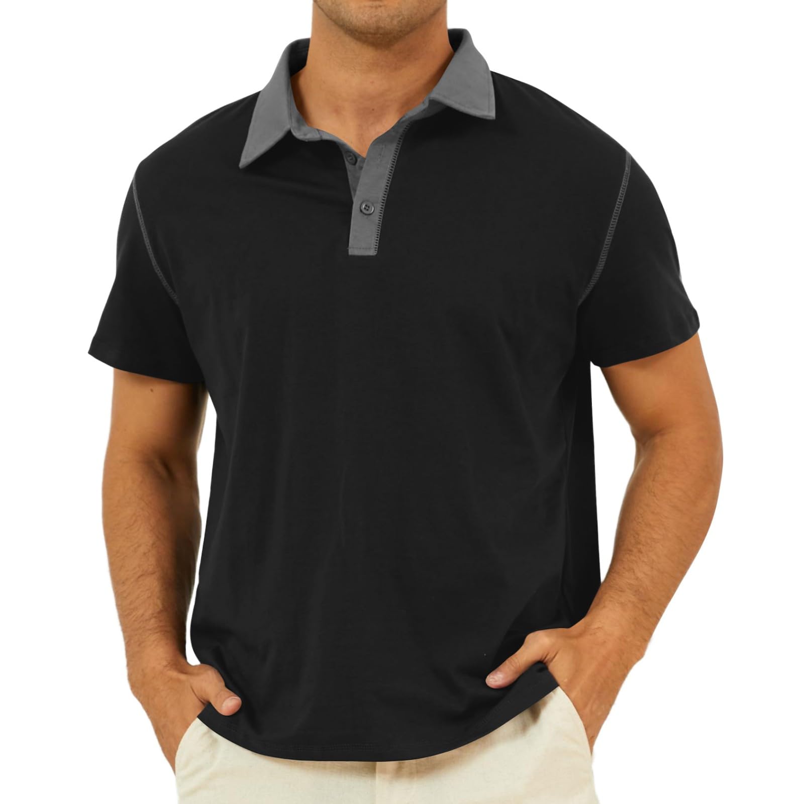 Men's Fashion Polo Shirts Classic Short Sleeve Lightweight Button Cotton T-Shirt