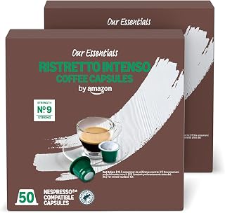 by Amazon Ristretto Intense Plastic Coffee Pods Nespresso Compatible, Dark Roast, 100 Count (2 Packs of 50), Rainforest Alliance Certified