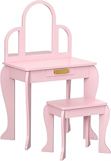 Qaba Kids Dressing Table and Chair Set Girls Vanity Ages 3-6 Pink | Girls Dressing Set, Makeup Desk with Drawer