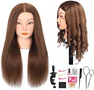 Opini Mannequin Head 100% Real Human Hair for Hairstyle Curling Practice | Cosmetology Manikin Doll Head 22-24" for Braiding Cutting, Ideal for Salon Hairdressers Barbers &amp; Beginner Training (Brown)