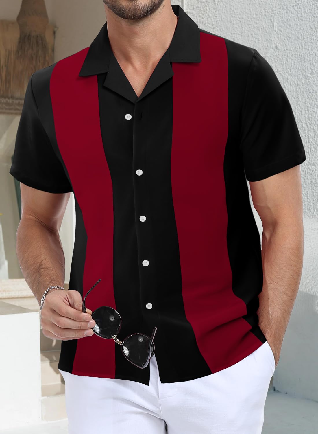 Blusa de manga corta para hombre, camisas de playa con bloques de color, camisas