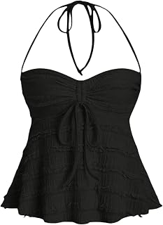 Women's Y2K Halter Top Drawstring Tie Ruched Peplum Cami Cute Summer Tops for Women Going Out