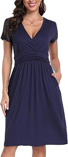 PCEAIIH Women's Summer V-Neck Midi Sundress Short Sleeve Pockets