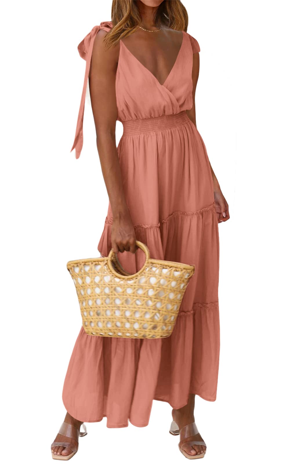 PRETTYGARDEN Women Summer Maxi Dress Cross Neckline Sleeveless Tiered Smocked Lo