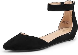 DREAM PAIRS Women's Comfortable Ballet Flat with low wedge ankle strap and zipper, Ladies' classic pointed toe Shoes for wedding and walking