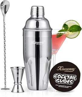 Cocktail Shaker, KITESSENSU 24oz Drink Shaker with Bartender Strainer, Measuring Jigger, Bar Mixing Spoon, Cocktail Recipe Guide, Professional Drink Mixer Set for Beginners, Silver