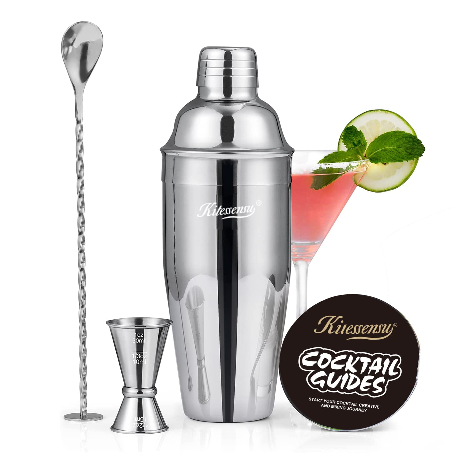 Cocktail Shaker, KITESSENSU 24oz Drink Shaker with Bartender Strainer, Measuring
