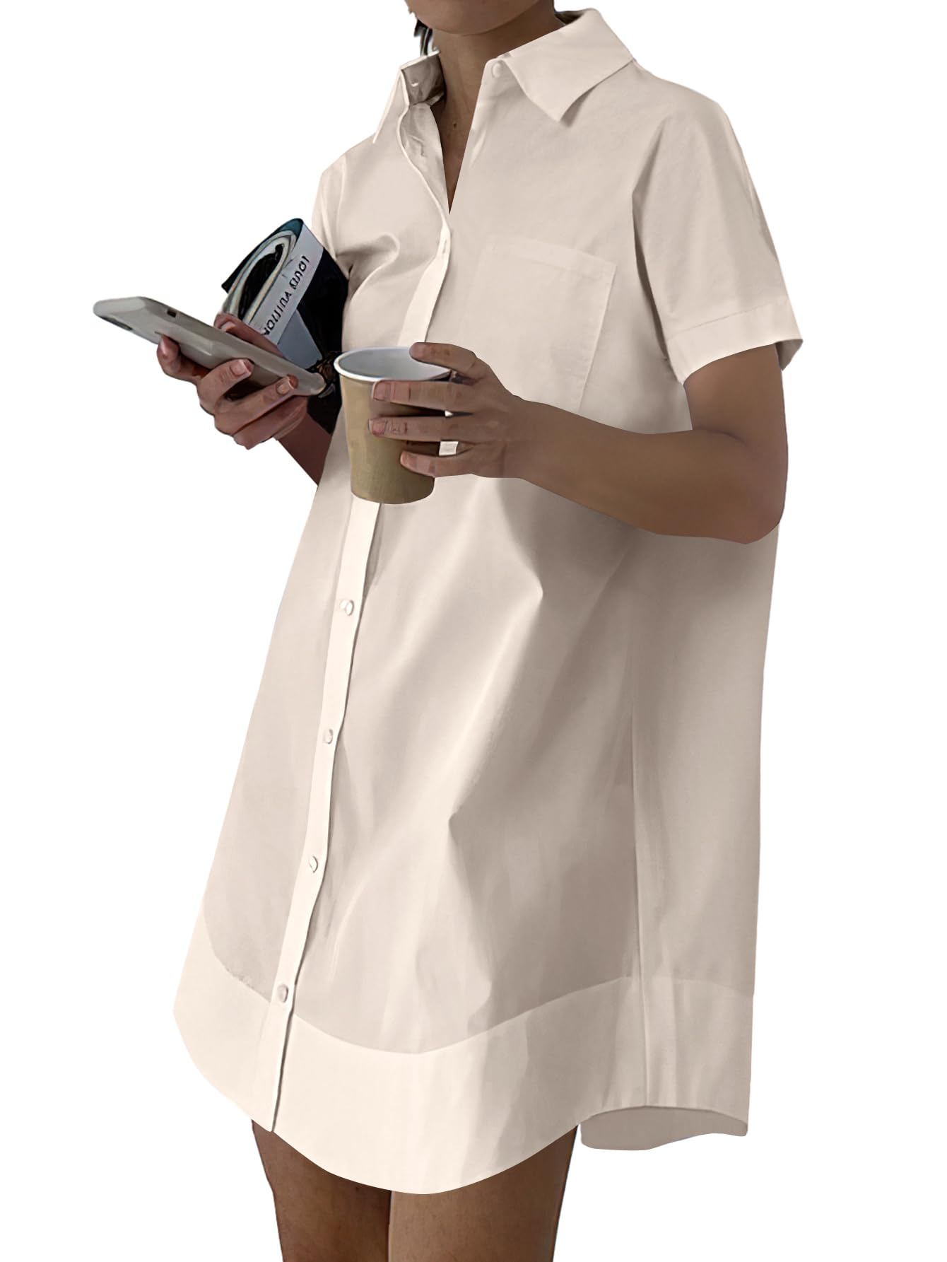 Rooscier Women's Casual Shirt Dress Collar V Neck Button Down Short Sleeve Loose