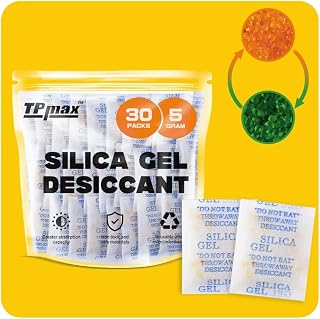 5g x 30 Packs Silica Gel Desiccant Sachets, Reusable Dehumidifiers with Color Indicator, Ideal for Storage, Closets, and Basements