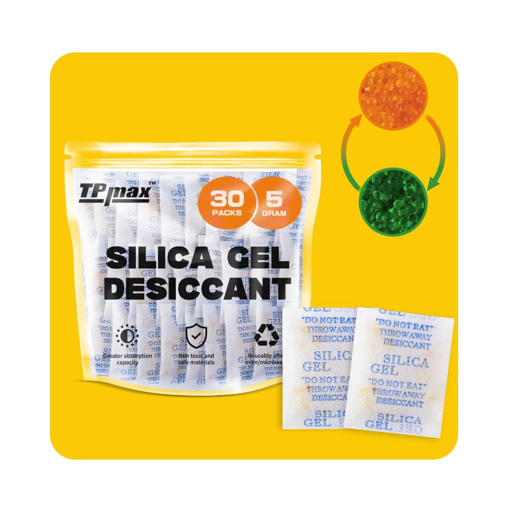 5g x 30 Packs Silica Gel Desiccant Sachets, Reusable Dehumidifiers with Color In