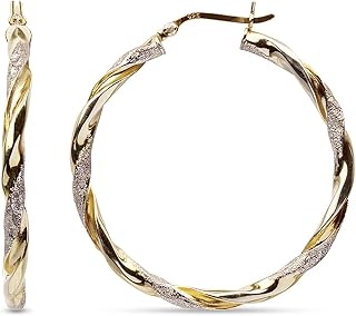 LeCalla 925 Sterling Silver Textured Two-Tone 14K Gold Plated Light-Weight Italian Design Hoop Earrings for Women Diameter 25,30,40,45,50mm
