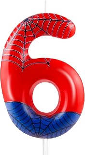 Red Blue Spider 6th Birthday Candles Number 6 Candle Cake Topper Spider Cartoon Themed Happy 6th Birthday Cake Decorations for Boys Girls Kids Party Supplies Spider Ornament Décor