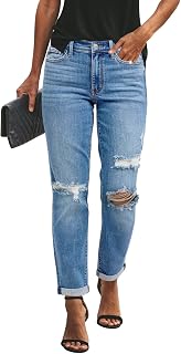 KUNMI Women's Ripped Mid Waisted Boyfriend Jeans Loose Fit Distressed Stretchy Denim Pants