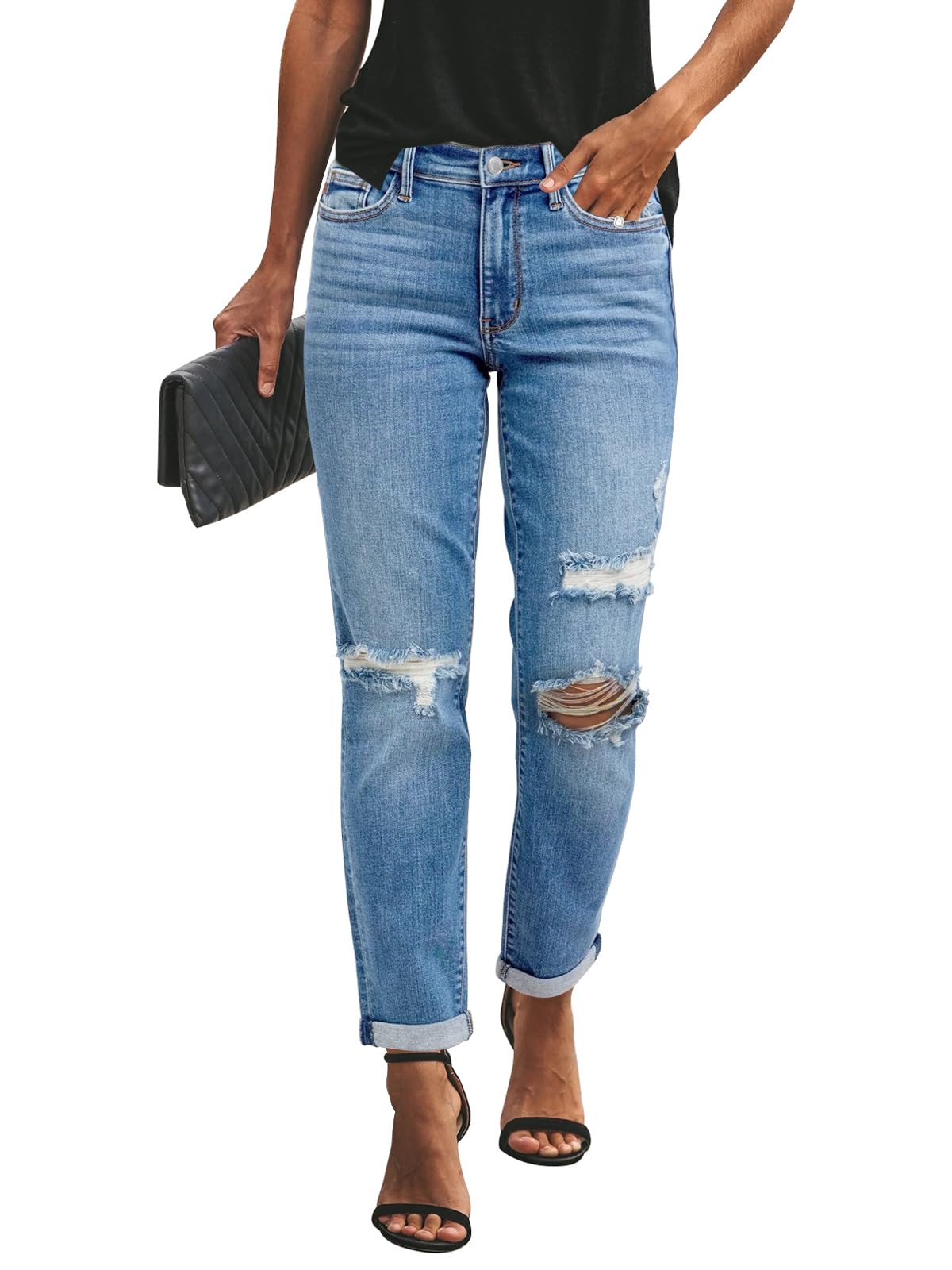 KUNMI Women's Ripped Mid Waisted Boyfriend Jeans Loose Fit Distressed Stretchy D