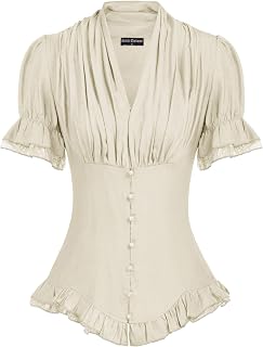 SCARLET DARKNESS Women Victorian Short Sleeve Shirt Button Down Blouse Shirts Dressy Top