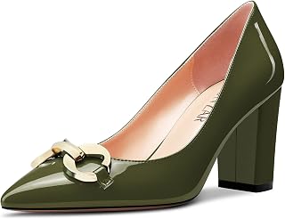 HEUIVZAR Women's Dress Lace Toe Cap Block Heel Chunky High Heel Pumps Patent Leather Slip-on Shoes 8 cm