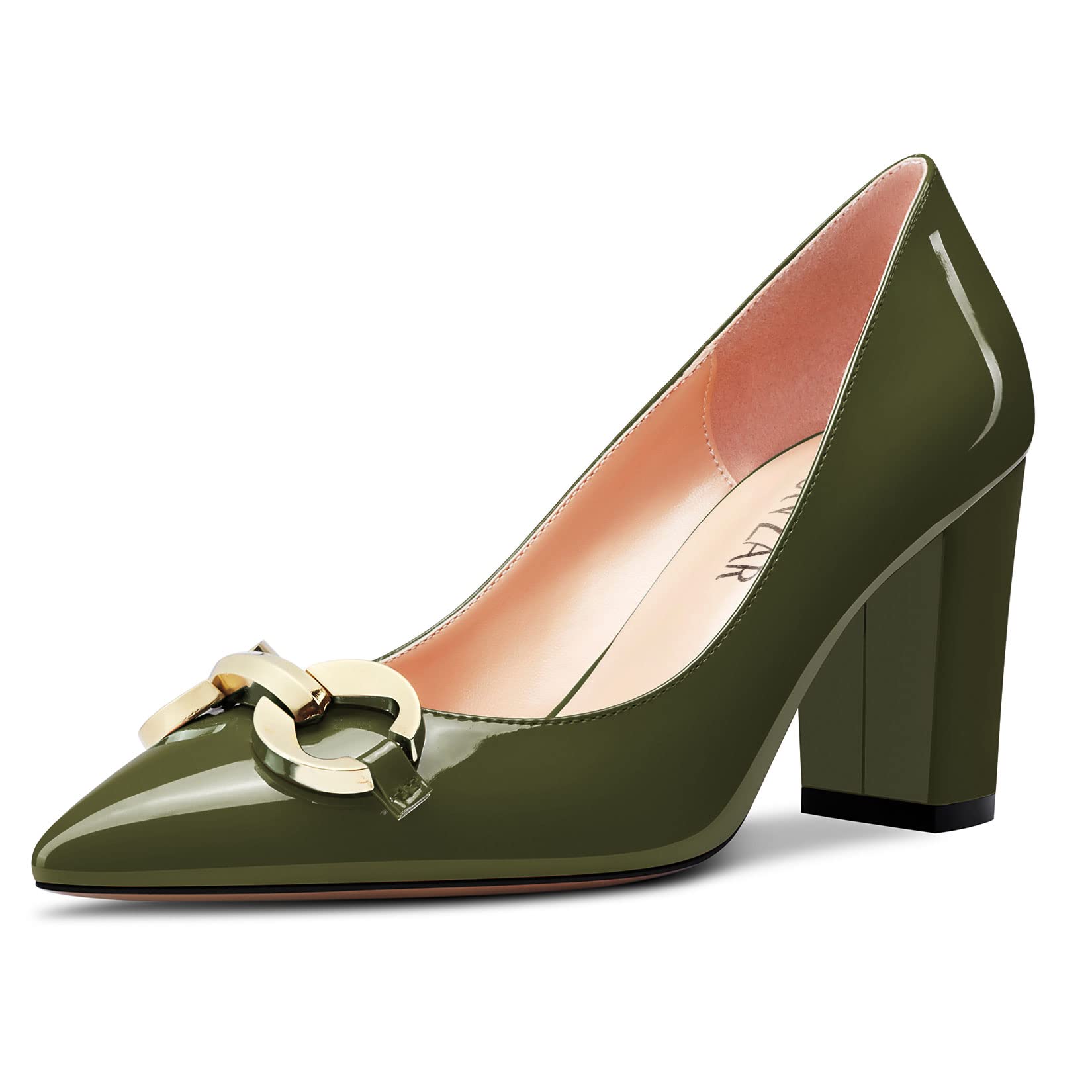 HEUIVZAR Women's Dress Lace Toe Cap Block Heel Chunky High Heel Pumps Patent Lea