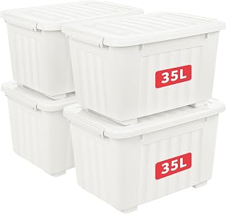 Cetomo 35L*4 Storage Boxes with Lids, Plastic Containers with Wheels, Clip On, Stackable, Uncastable, Striped Organizer for Home Office, White, 35L-4 Pieces