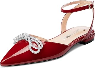 Castamere Women's Low Heel Pointed Toe Ankle Strap Flat Shoes Pumps Diamante Crystal Prom Party 1 CM Heels