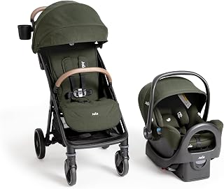 Joie Nutmeg Lightweight Travel Stroller & Rue Car Seat Travel System | Infant car seat with anti-rebound base, travel stroller with one-hand fold, multi-position recline, and newborn-ready comfort