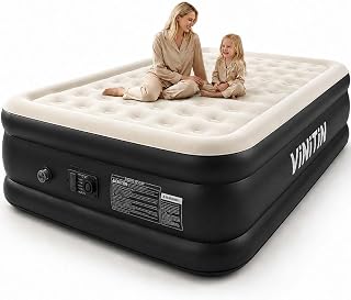 Vinitin Queen Air Mattress with Built-in Pump, 16" Elevated Inflatable Bed for Home & Guests, Self-Inflating Blow Up Mattress with Flocked Top & Storage Bag, 660lb Max Weight, Matt Black