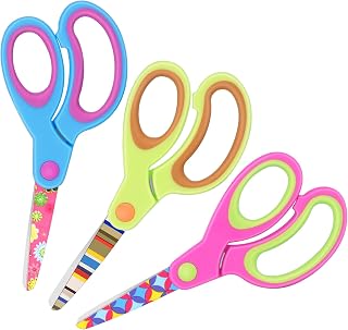 Vutyvve Patterned Kid's Scissors, Blunt Safety, Stainless Steel Blades, Soft Grips, Pink, Blue, Fruit Green 3 Pairs