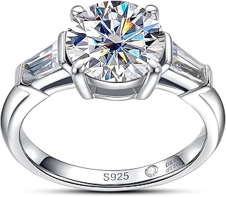 AnuClub Round Cut Moissanite 3 Stone Engagement Rings D Color VVS1 Round Cut 925 Sterling Silver Anniversary Wedding Promise Ring for Women