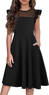 Flypigs Girls Dresses Summer Formal Party Wedding Ruffle Sleeve Mesh Knee Length A Line Dress with Pockets
