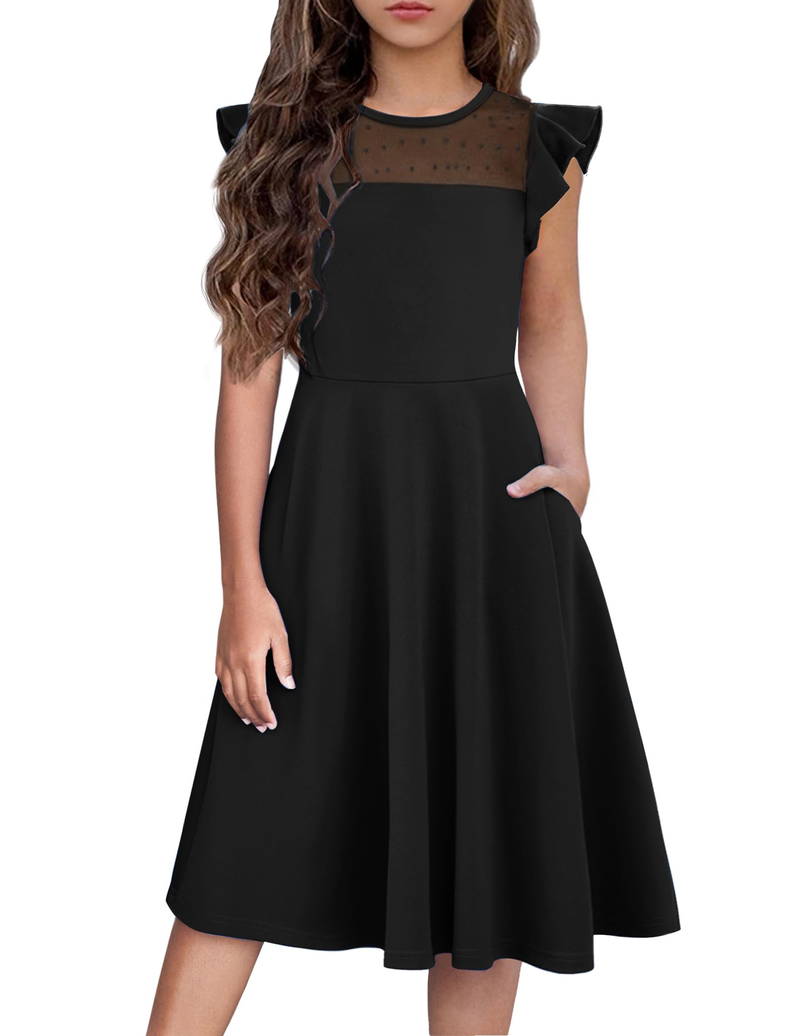 Flypigs Girls Dresses Summer Formal Party Wedding Ruffle Sleeve Mesh Knee Length