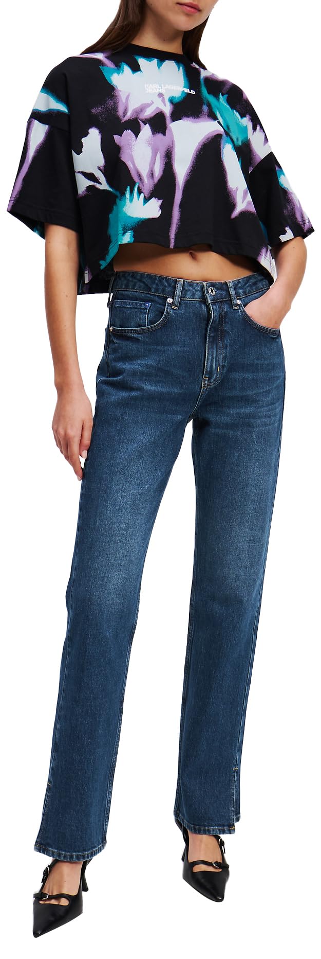 KARL LAGERFELD JEANS Women's High Rise Straight Denim with Slit