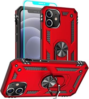 for iPhone 12 Case, iPhone 12 Pro Case with HD Screen Protector, [Military Grade 16ft. Drop Tested] Ring Shockproof Protective Phone Case for iPhone 12/12 Pro,Red