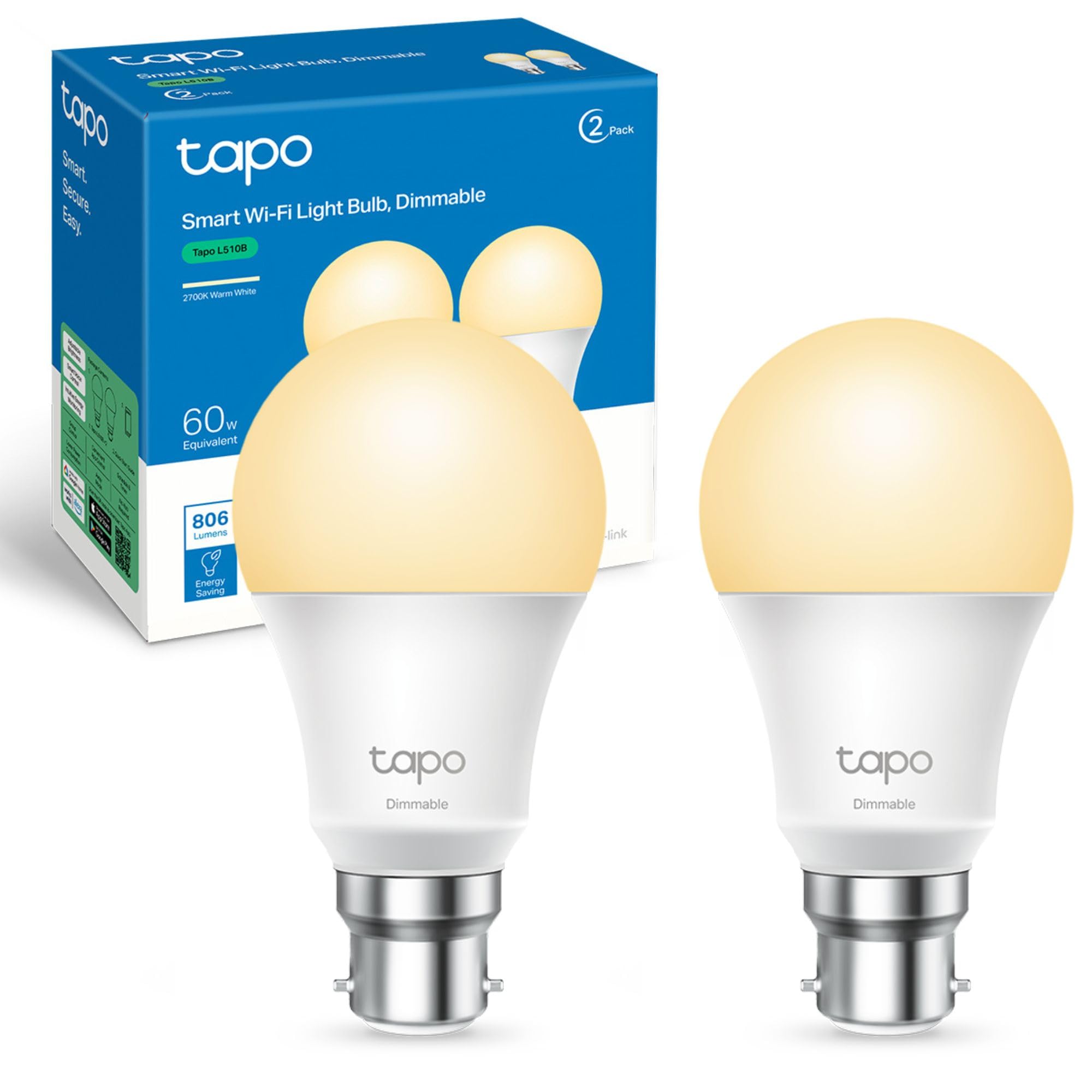 Tapo L510B(2-Pack) B22 Smart Bulb Warm White Dimmable LED Light Bulb | 806 Lumen