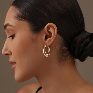 LeCalla 925 Sterling Sliver Pearl Hoop Earrings for Women | Pearl Double Oval Hoop Earrings Jewelry | Available in Rose Gold, Gold & Silver Plated Finish