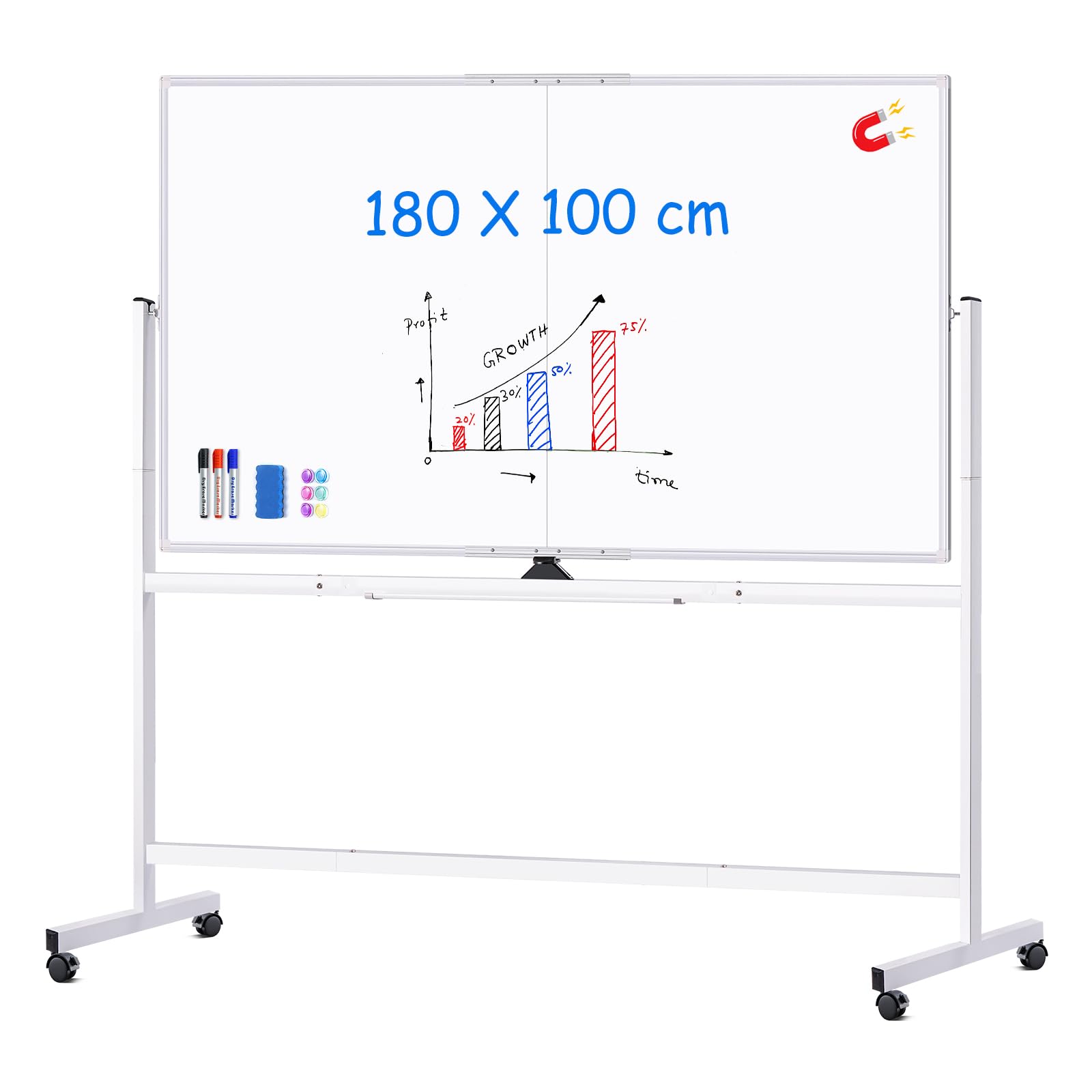 maxtek Whiteboard with Wheels 180 x 100 cm, Mobile Magnetic Whiteboard