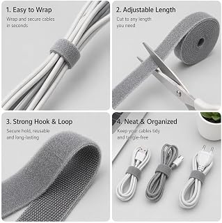 Reusable Hook and Loop Cable Ties, Adjustable Fixing Tape for Computer TV Cable Storage, Data Cable Management, Cable Organizer for Earphone and Mouse (Grey)