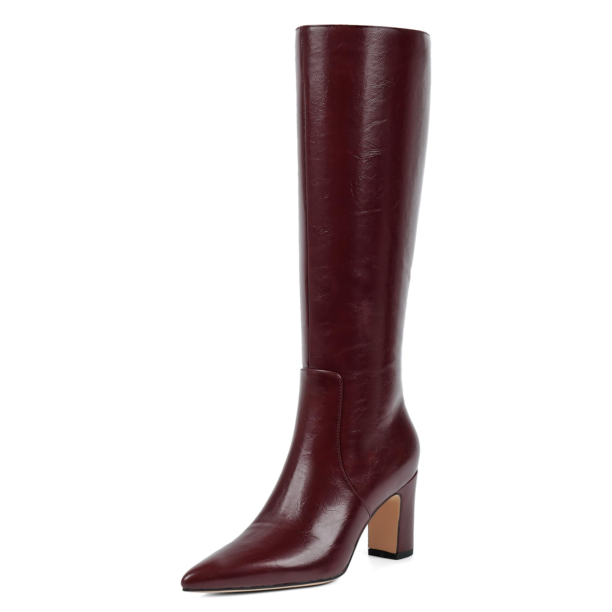 VIUGJNEX Knee High Boots Pointed Toe Chunky Heel Tall Boots for Women