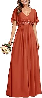Ever-Pretty Women's Spring Short Sleeve Bridesmaid Dresses V-Neck Chiffon Ruched Empire Waist Appliques Long Formal Dress