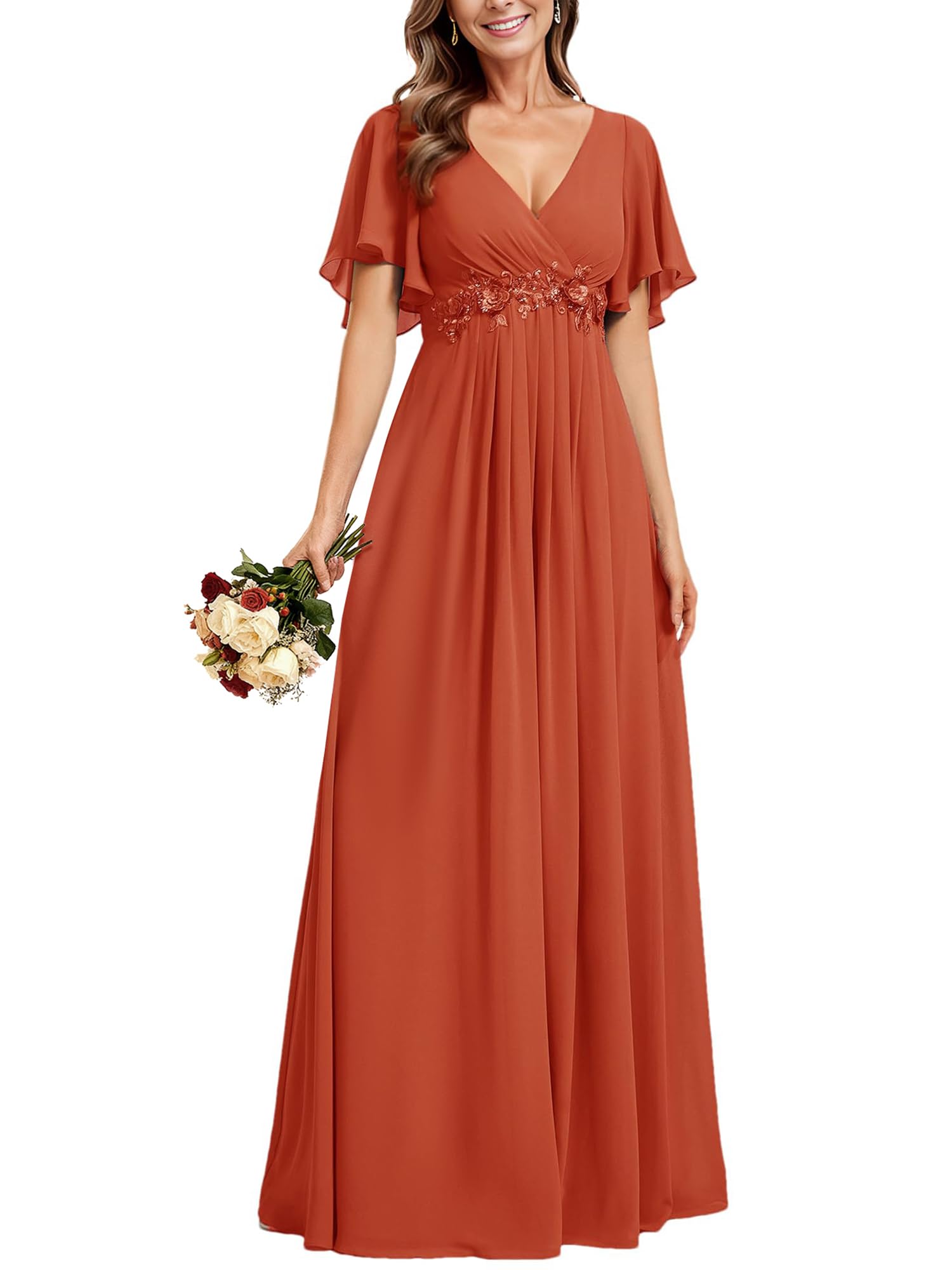 Ever-Pretty Women's Spring Short Sleeve Bridesmaid Dresses V-Neck Chiffon Ruched