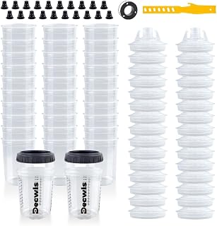 Decwls 6 oz Disposable Paint Cups, 30 Mini Paint Cups with Lids and Liners | 125-Micron Filter, 2 Hard Cup with Retainer Ring, 20 Plugs, 1 Stirrer, 1 Seal Tape, Kit for HVLP/LVLP Spray Gun