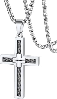 FaithHeart Mens Necklace Stainless Steel Cross Chain Silver/Black/Gold