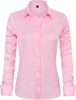 J.VER Womens Long Sleeve Button Down Pleated Plain Blouse Blouse, Pink, X-Large