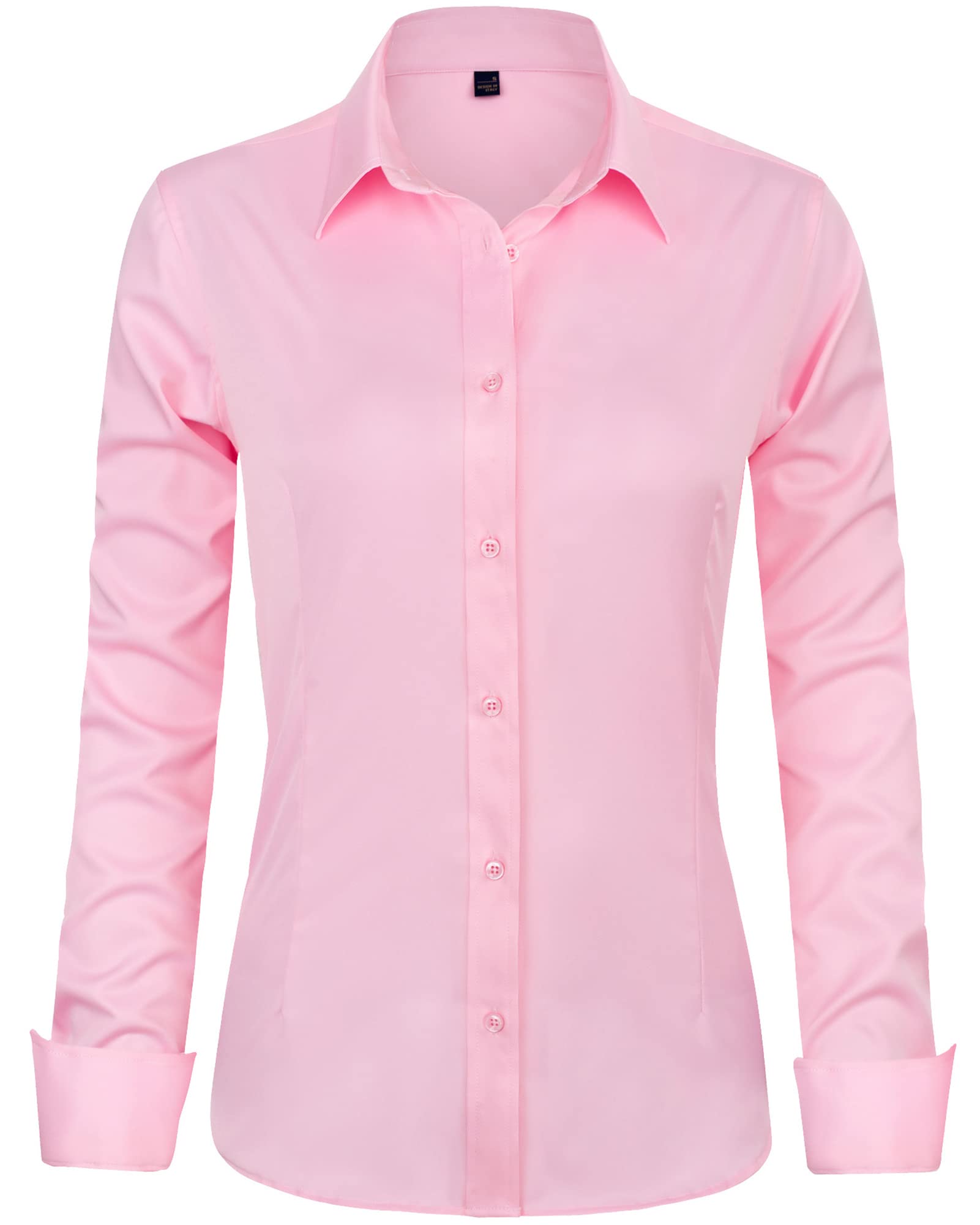 J.VER Womens Long Sleeve Button Down Pleated Plain Blouse Blouse, Pink, X-Large