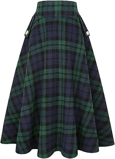 IDEALSANXUN Women’s Fall Winter High Waisted Wool Plaid A-line Long Skirt