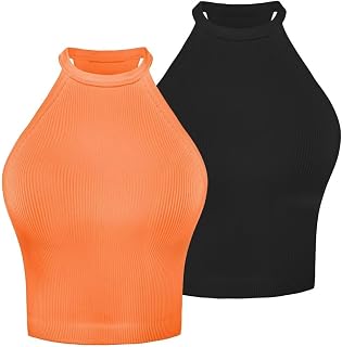 Sunzel Women's Ribbed Seamless Halter Neck Cropped Yoga Worokout Tank Top