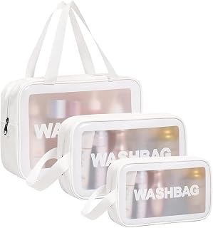 Aucuu 3PCS Clear Toiletry Bag, Wash Bag, Clear PU Makeup Bags, Waterproof Toiletry Travel Bags with Zipper Handle, Portable Airport Cosmetic B-ag for Travel Bathroom Men Women (White)