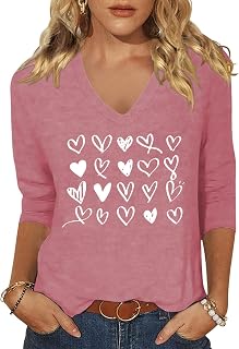 Vircreate Womens 3/4 Sleeve V Neck T-Shirts Valentina's Day Spring Shirts Love Heart Graphic Tee Tops