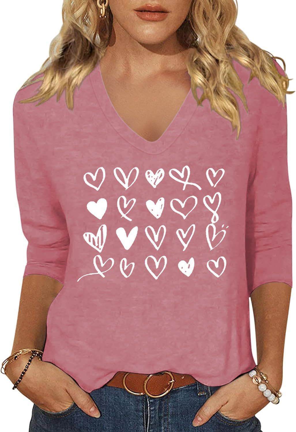 Vircreate Womens 3/4 Sleeve V Neck T-Shirts Valentina's Day Spring Shirts Love H